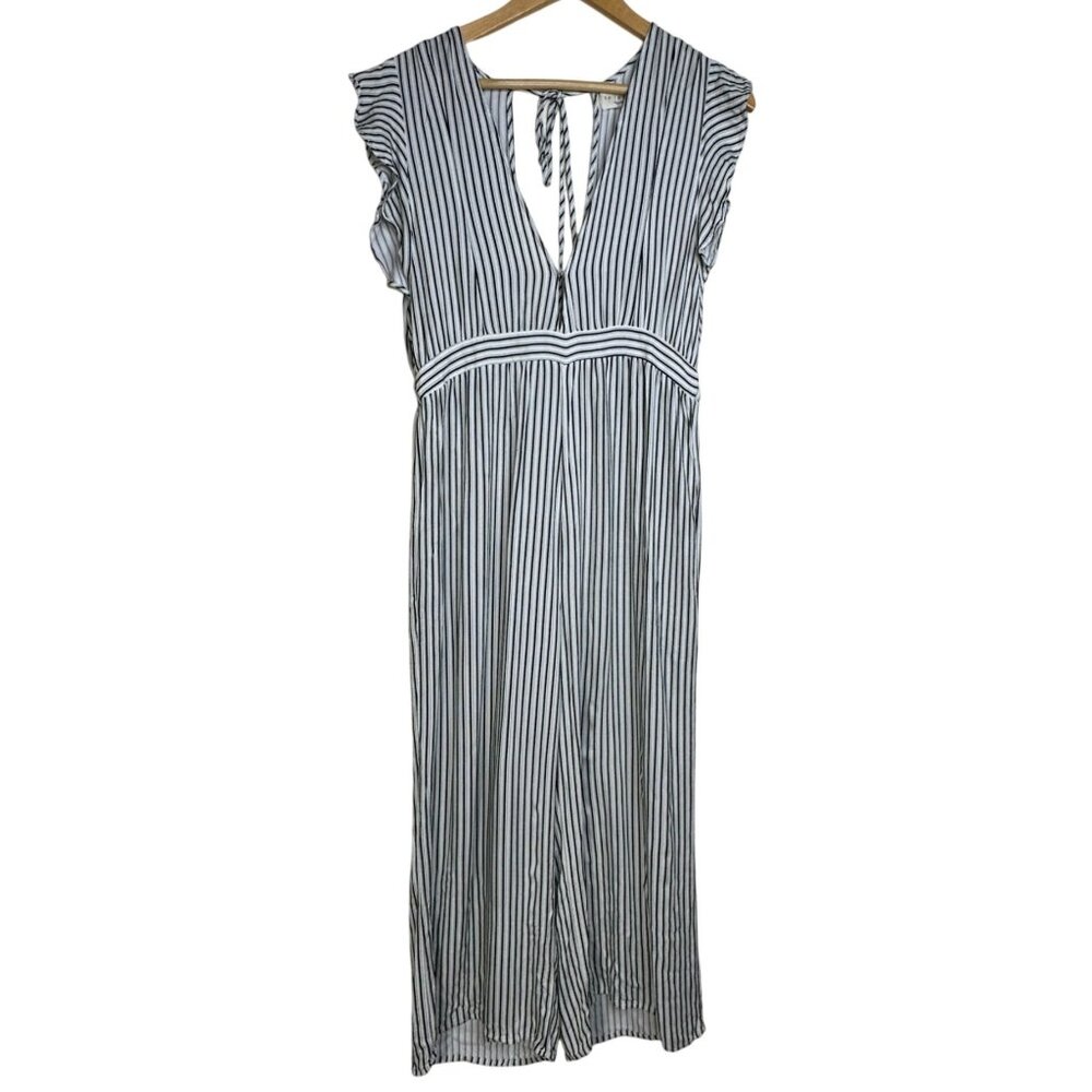 Anthropologie Saltwater LUXE Jumpsuit Large White Black Stripe Wide Leg Boho